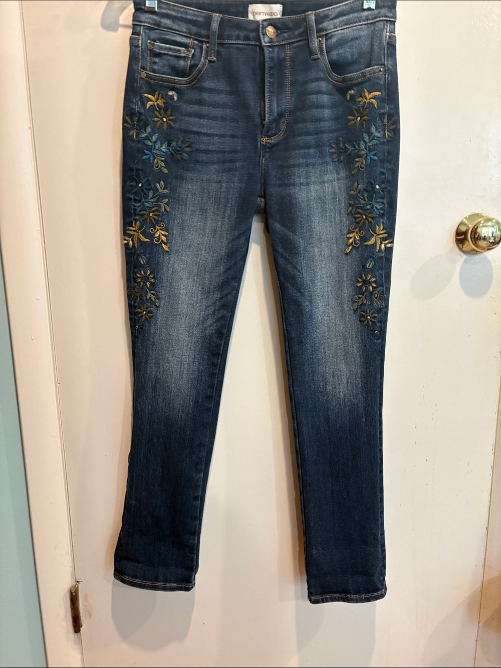 DRIFTWOOD Blue Skinny Jeans with Blue & Gold Floral Embroidery